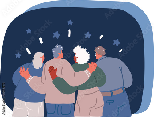 Cartoon vector illustration of Diverse people together hug each other