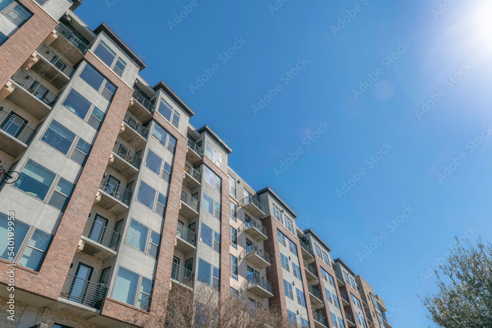 Austin, texas- Mid-rise apartment complex in a low angle view