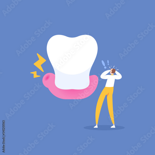 gingivitis. infected gums. swollen and sore gums. symptoms or characteristics of cancer or tumors. a male patient was surprised to see a lumpy and reddened gum. health problems. illustration concept