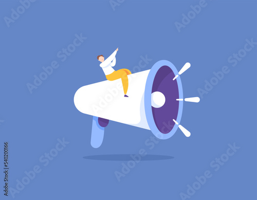 marketing management, public relations, speeches. make announcements, give information and offers, invite friends or audience to join. a man using a megaphone. illustration concept design