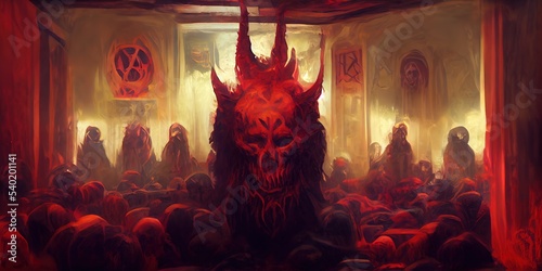 Fototapet Satanist Cultists in the red Hall in hell, dark fantasy painting illustration