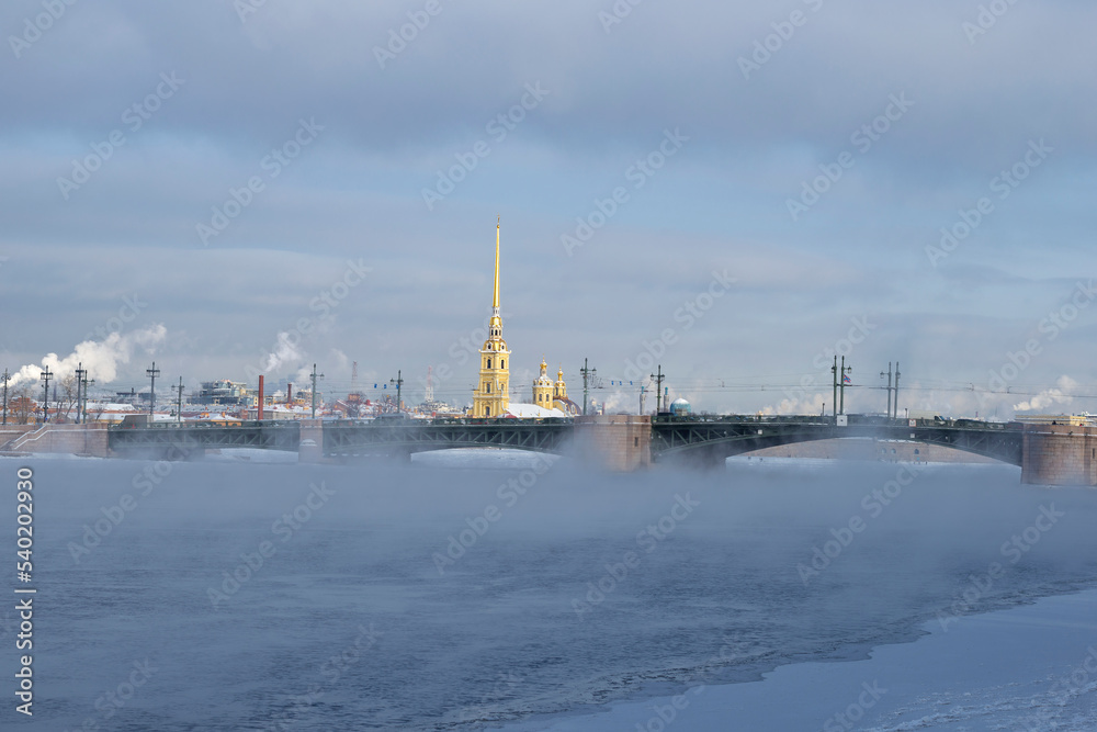 Foggy frosty morning on the Neva River. Saint Petersburg, Russia