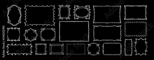 Chalk grunge frames set. White chalk sketches. Grunge frames collection. Chalkboard hatches and scribbles. Grungy framings.
