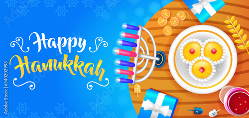 Happy Hanukkah, candle holder, dreidel and gifts