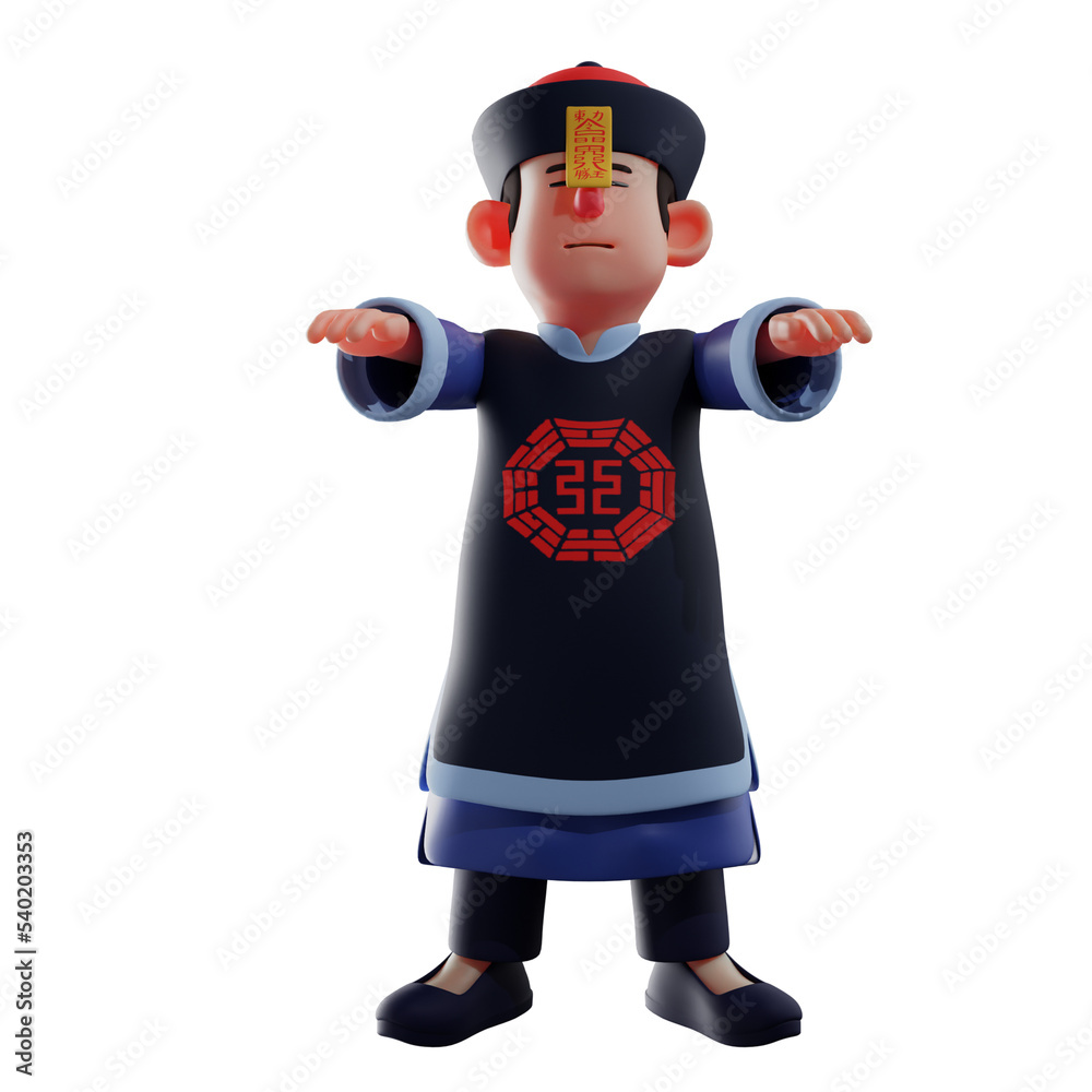 3D illustration. 3D Cartoon Vampire featuring his iconic jumping pose. raise both hands forward by using patches on the forehead. showing a scary facial expression. 3D Cartoon Character