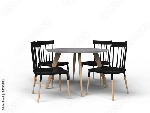 wooden round dining table with four chairs. Modern designer  dining table and chairs isolated transparent background