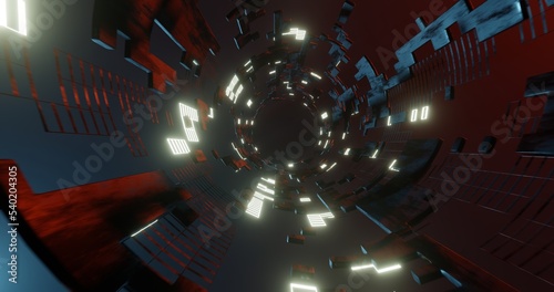 abstract background using a hallway pattern containing black metallic textured cube elements and white light nets, 3d rendering, and 4K size