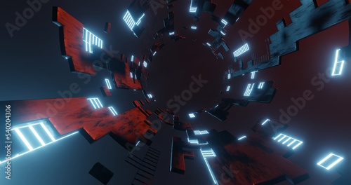abstract background using a hallway pattern containing black metallic textured cube elements and blue light nets, 3d rendering, and 4K size