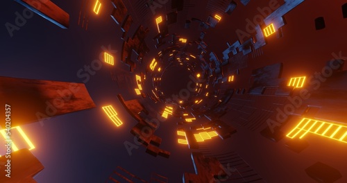 abstract background using a hallway pattern containing black metallic textured cube elements and yellow light nets, 3d rendering, and 4K size