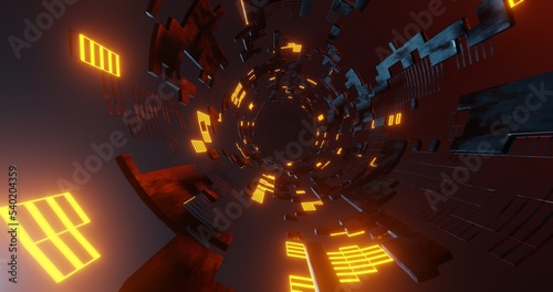 Abstract background using hallway pattern containing black metallic textured cube elements and yellow light net mostly on the left, 3d rendering, and 4K size