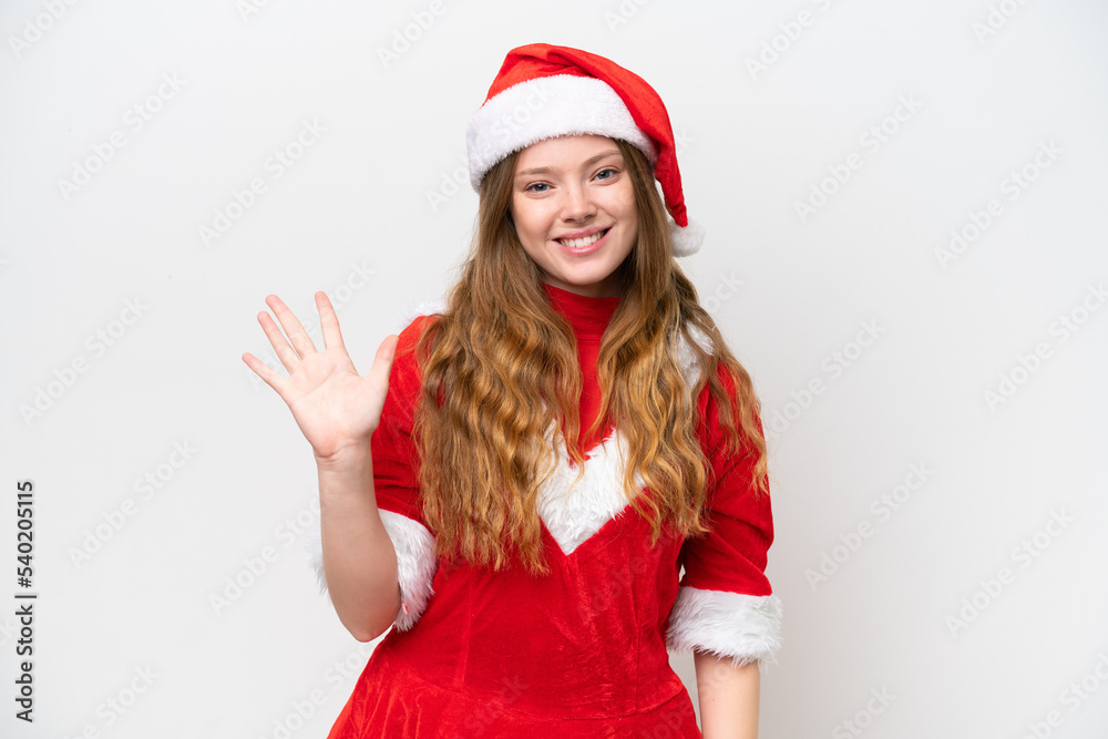 Young caucasian woman with Christmas dress isolated on white background counting five with fingers Young caucasian woman with Christmas dress isolated on white background counting five with fingers
