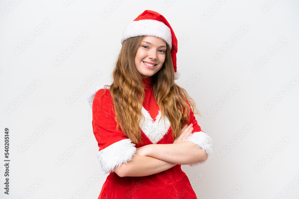 Young caucasian woman with Christmas dress isolated on white background with arms crossed and looking forward Young caucasian woman with Christmas dress isolated on white background with arms crossed and looking forward