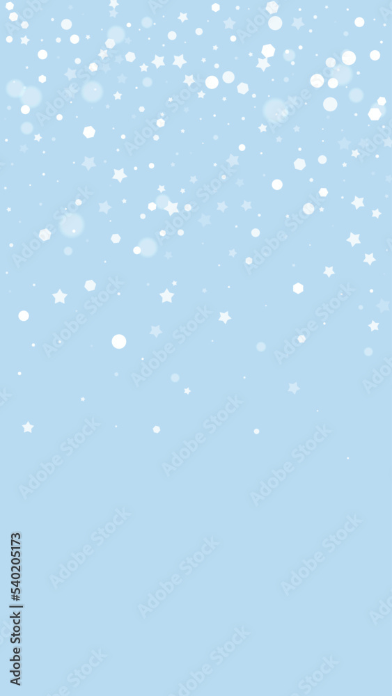 Falling snowflakes christmas background. Subtle flying snow flakes and stars on light blue winter backdrop. Beautifully falling snowflakes overlay. Vertical vector illustration.