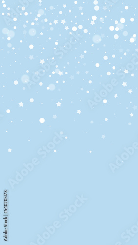 Falling snowflakes christmas background. Subtle flying snow flakes and stars on light blue winter backdrop. Beautifully falling snowflakes overlay. Vertical vector illustration.