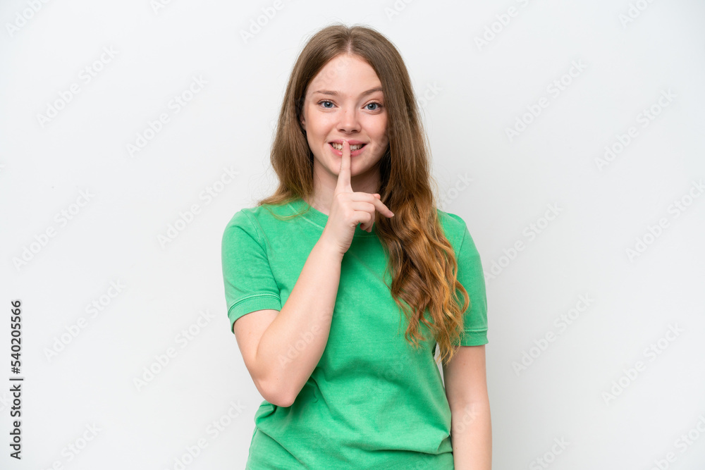 Young pretty woman isolated on white background showing a sign of silence gesture putting finger in mouth Young pretty woman isolated on white background showing a sign of silence gesture putting finger in mouth