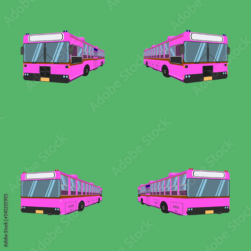 Illustration of four purple buses in different positions on a green background