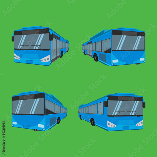 Illustration of four blue buses in different positions on a green background