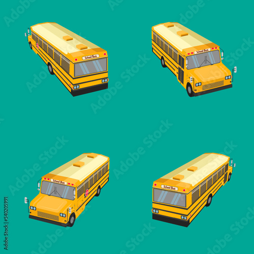 Illustration of four buses in different positions on a green background