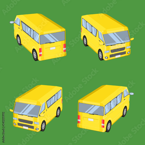 Illustration of four yellow buses in different positions on a green background