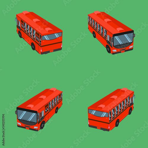 Illustration of four red buses in different positions on a green background