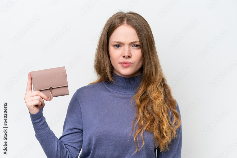 Young pretty woman holding wallet isolated on white background with sad expression Young pretty woman holding wallet isolated on white background with sad expression