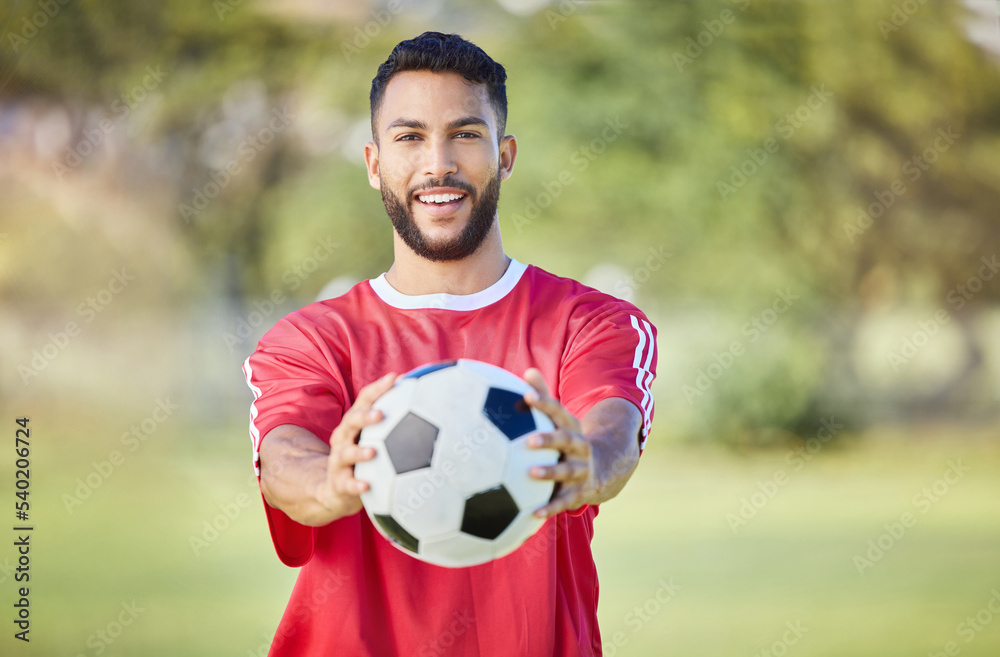 Soccer player, soccerball and sports man with ball after training exercise for game competition. Happy football athlete, smiling and ready for professional athletic sport peformance for match fitness