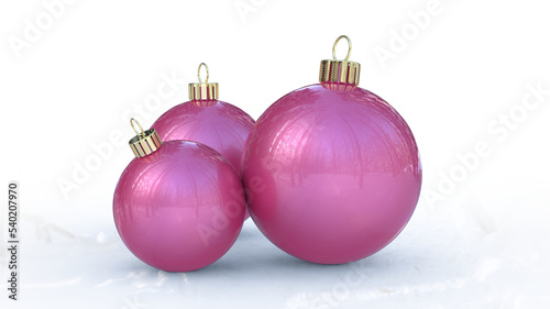 beautiful glossy pink colored group of christmas balls with snowy forest reflection 3D-illustration rendering isolated