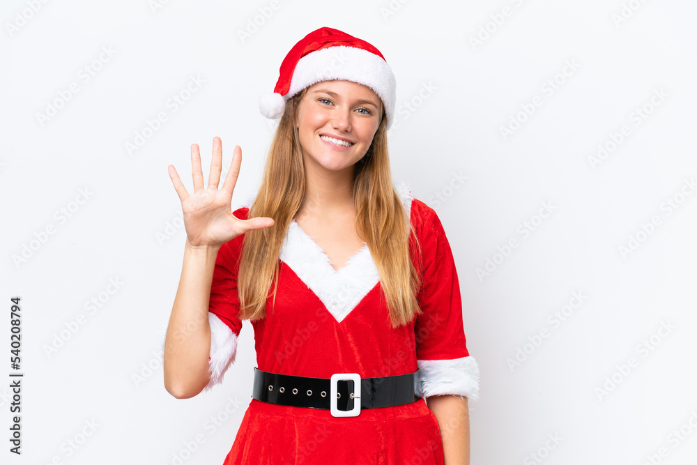 Young caucasian woman dressed as mama noel isolated on white background counting five with fingers Young caucasian woman dressed as mama noel isolated on white background counting five with fingers