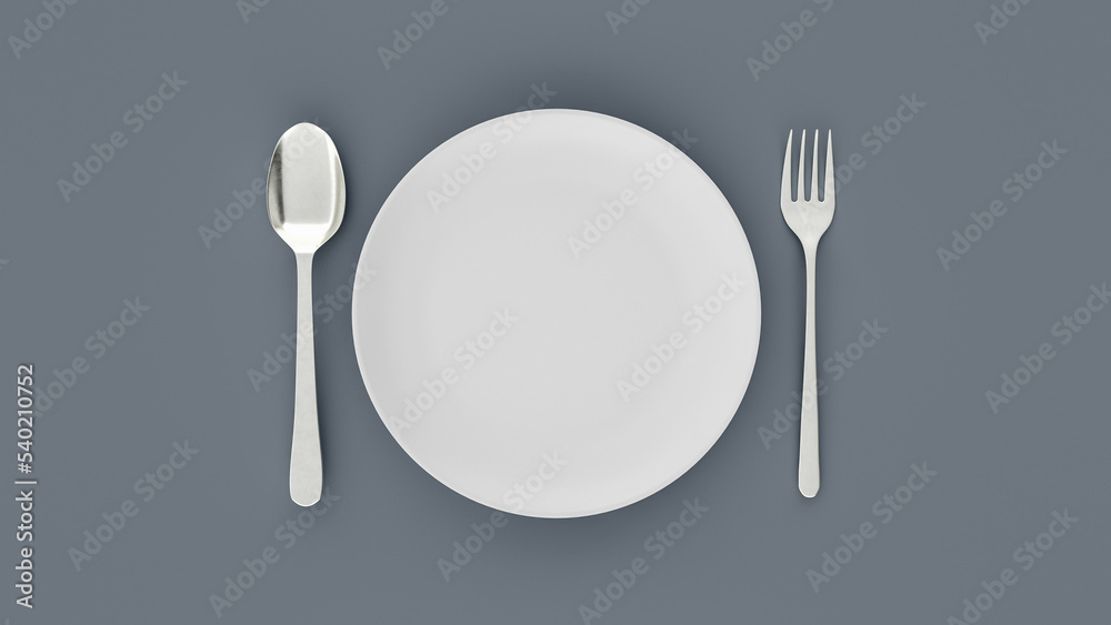 Starvation, diet concept. Food restriction and control eating. Empty plate. 3d rendering Starvation, diet concept. Food restriction and control eating. Empty plate. 3d rendering