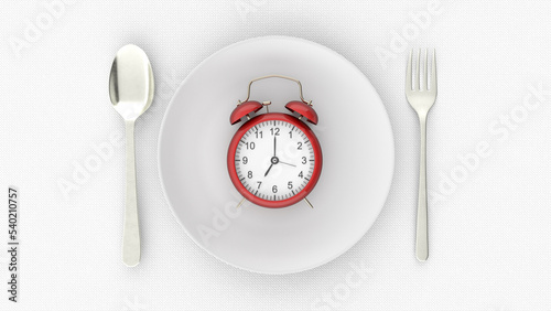 Starvation, diet concept. Food restriction and control eating. Empty plate vs alarm clock. 3d rendering