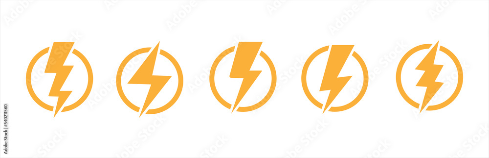 Lightning bolt icon set. Thunderbolt in the circle, flash electric symbol. Thunderbolt flat style sign. Vector illustration Lightning bolt icon set. Thunderbolt in the circle, flash electric symbol. Thunderbolt flat style sign. Vector illustration