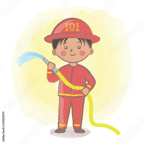 Kid firefighter vector illustration. Firefighter with firehose. Career day in kindergarten. Fireman isolated vector illustration. Flat kid character. Fireman child. 