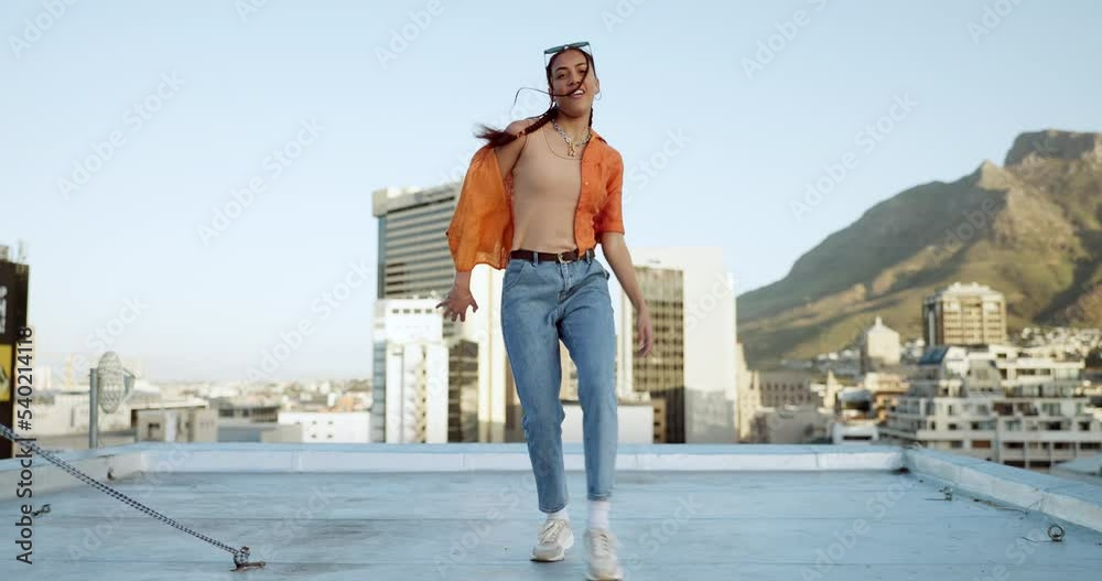 Woman, city dance and hip hop artist performance in energy, freedom and outdoor urban talent in South Africa rooftop. Young gen z girl dancer portrait, street artist and creative fun dancing movement
