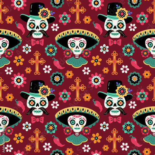 Day Off The Dead pattern. Vector cartoon seamless pattern with Mexican mariachi skull in sombrero, surrounded by guitars, flame and maracas. Isolated on black background