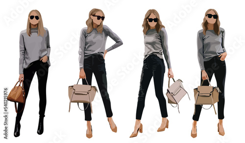 Collection of stylish young women dressed in trendy clothes set of fashionable casual and formal outfits bundle girls standing in different poses Flat cartoon colorful vector illustration.