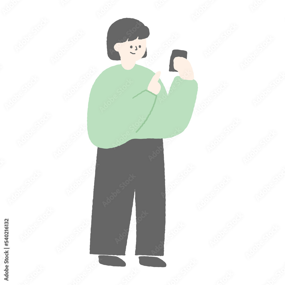 Hand drawn illustration of a woman using cellphone. Hand drawn illustration of a woman using cellphone.