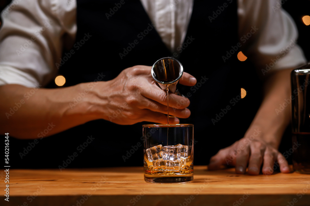 Bartender Serve Whiskey, on wood bar, Bartender Serve Whiskey, on wood bar,