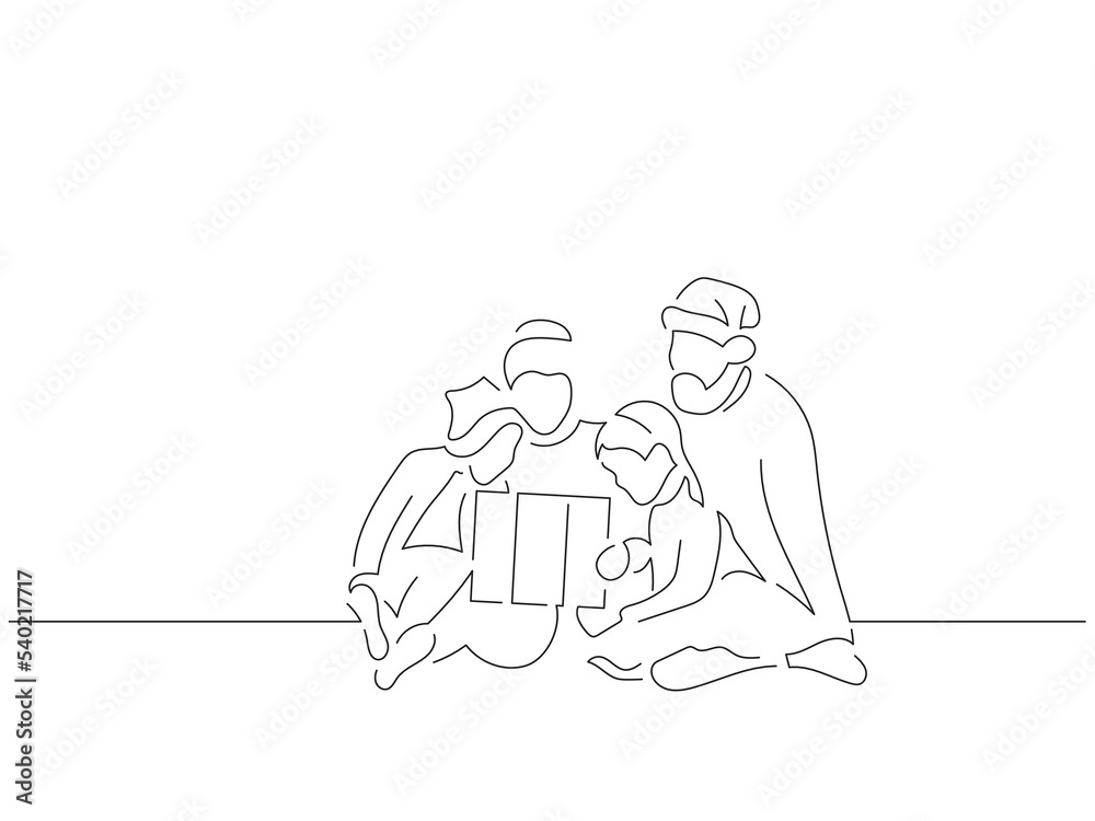 Family at home in line art drawing style. Composition of a christmas scene. Black linear sketch isolated on white background. Vector illustration design.