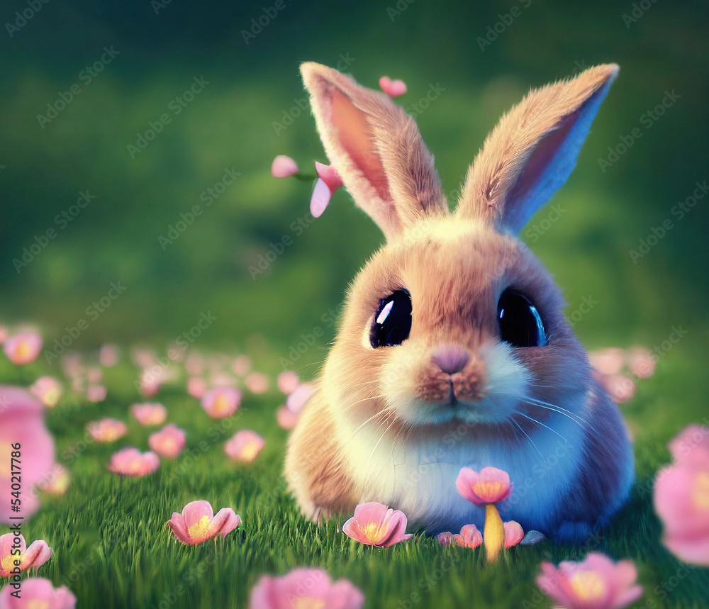 Obraz premium cute and adorable cartoon baby bunny rabbit sitting in the meadows among flowers, digital painting in 3D cartoon movies style