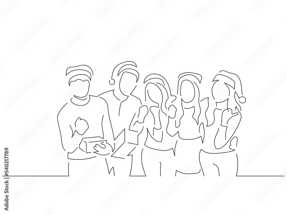 Group of friends in line art drawing style. Composition of a christmas scene. Black linear sketch isolated on white background. Vector illustration design. Group of friends in line art drawing style. Composition of a christmas scene. Black linear sketch isolated on white background. Vector illustration design.
