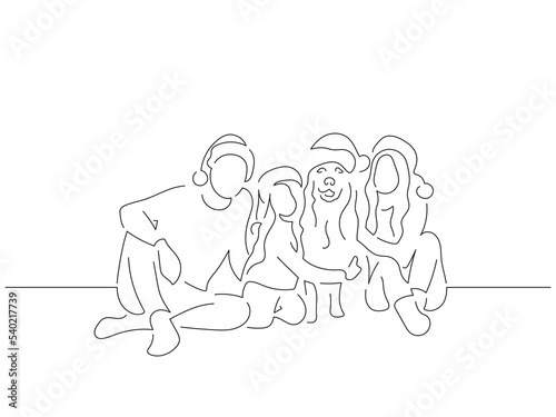 Family at home with his dog in line art drawing style. Composition of a christmas scene. Black linear sketch isolated on white background. Vector illustration design.