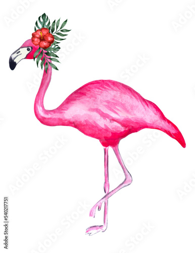 Cute flamingo with flowers hand drawn watercolor illustration for kids fashion artworks, greeting cards.