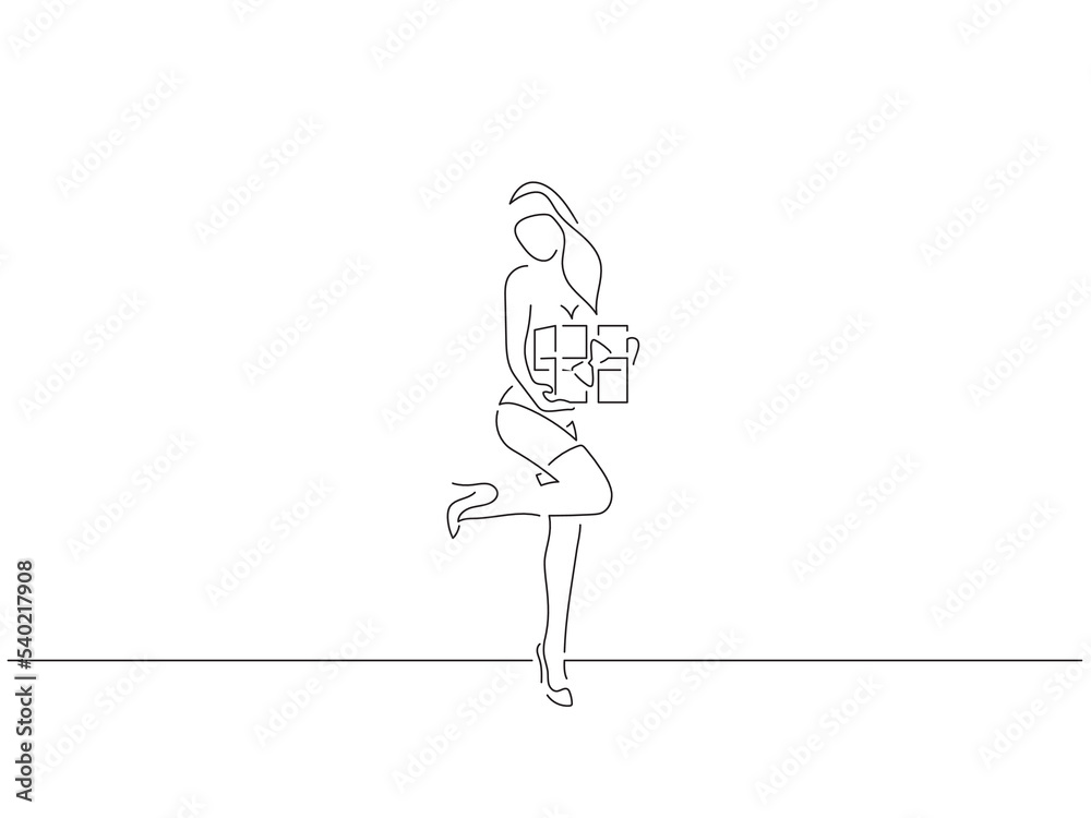 Sexy woman holding a gift in line art drawing style. Composition of a christmas scene. Black linear sketch isolated on white background. Vector illustration design. Sexy woman holding a gift in line art drawing style. Composition of a christmas scene. Black linear sketch isolated on white background. Vector illustration design.