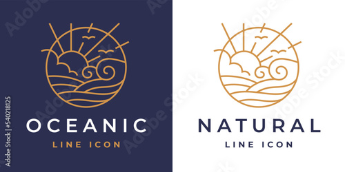 Ocean sunrise line icon. Beach waves logo. Seaside sun rays emblem. Abstract Natural surf symbol. Sun and sea nature sign. Vector illustration.