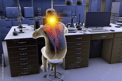 Work-related musculoskeletal disorders in laboratory workers, 3D illustration photo