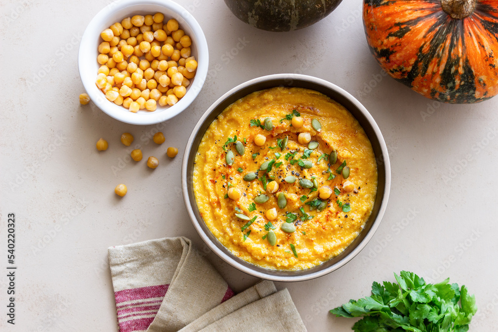 Pumpkin hummus with seeds and greens. Healthy eating. Vegetarian food. Pumpkin hummus with seeds and greens. Healthy eating. Vegetarian food.