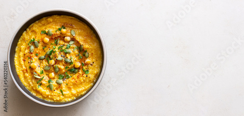 Pumpkin hummus with seeds and greens. Healthy eating. Vegetarian food.