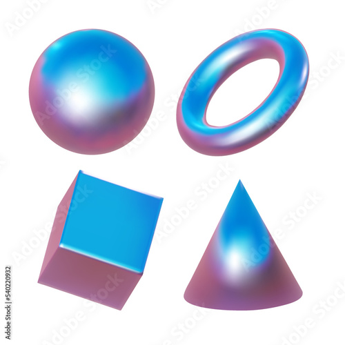 3d pink metal neon gradient shapes render. Vector abstract element set of sphere and ball, cube and cone, triangle and ring on white background