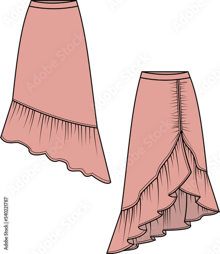 GIRLS AND WOMEN BOTTOM WEAR LONG SKIRT FRONT AND BACK VECTOR SKETCH