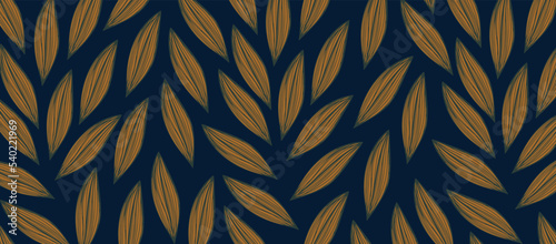 Nature leaves on dark blue background. Vector Illustration. Elegant leaves pattern. Line art for banner, card, cover, fabric, print and invitation